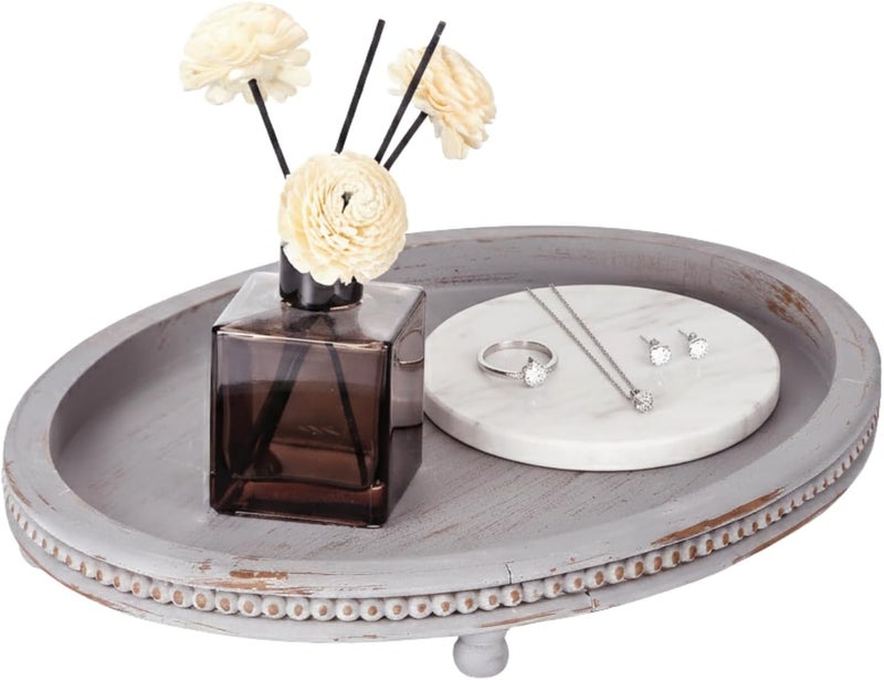 FESTWIND Oval Wooden Tray, Decorative Trays for Home Decor Coffee Table Kitchen Dinning Table, Small Wood Beaded Tray for Decor Grey - Image 1